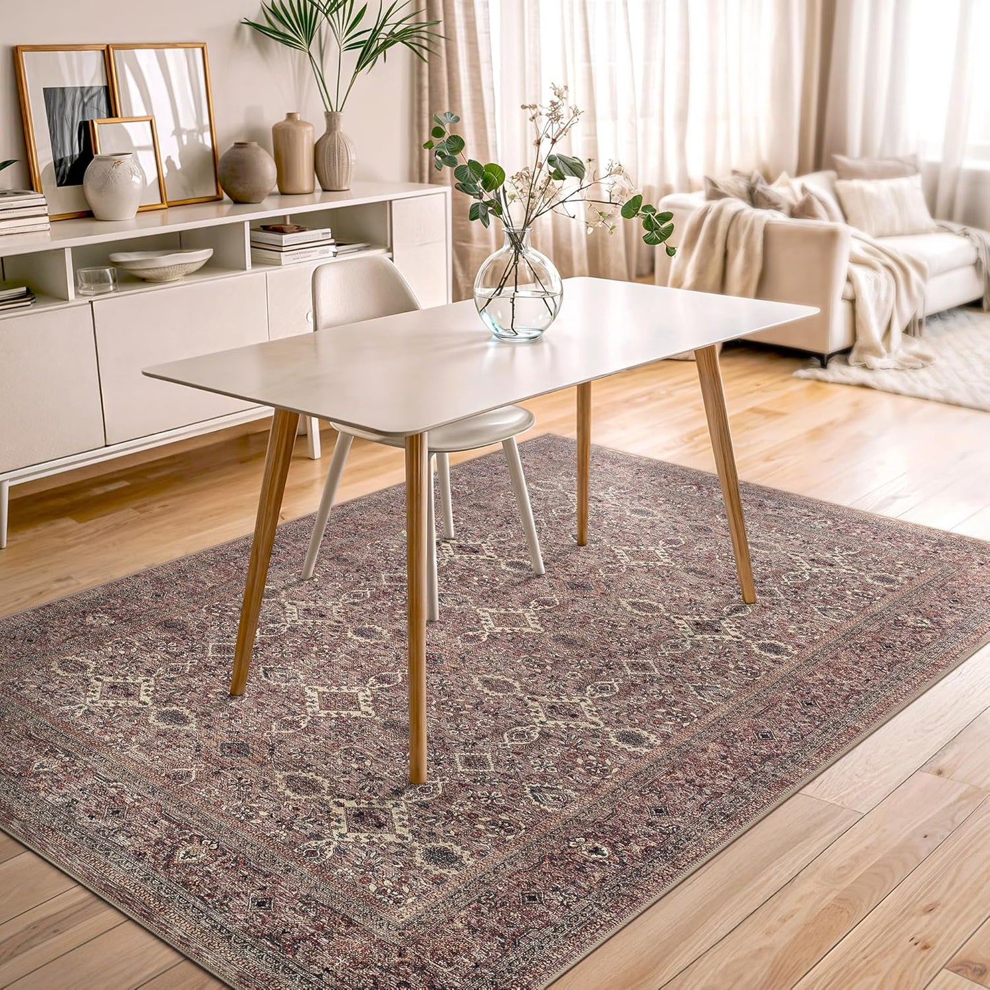 Bloom Rugs Washable Non-Slip 5' x 7' Rug - Beige Traditional Bordered Area Rug for Living Room, Bedroom, Dining Room, and Kitchen - Exact Size: 5' x 7'