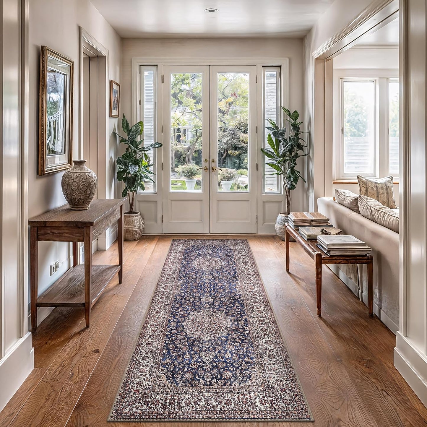 Bloom Rugs Washable Non-Slip 7 ft Runner - Dark Blue/Beige Traditional Medallion Runner for Entryway, Hallway, Bathroom, and Kitchen - Exact Size: 2.5' x 7'