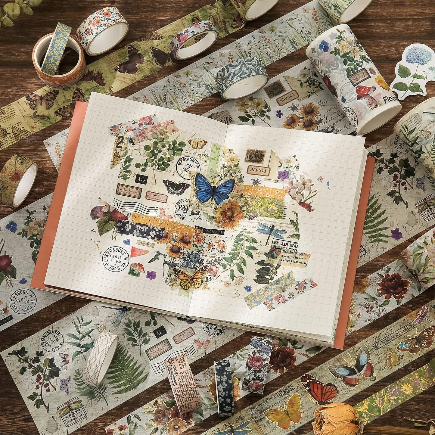 24 Rolls Vintage Washi Tape Set, Floral Letter Butterfly Mushroom Botanical Flower Writable Decorative Tapes for Scrapbooking , Junk Journal supplies, Bullet Journaling 5-75mm Wide 9.84ft long/Roll