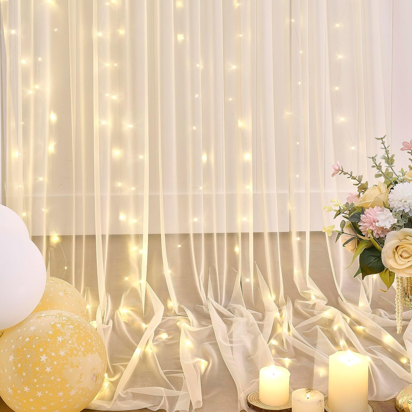 Champagne Tulle Backdrop Curtain with Lights String for Parites Wedding 10x8ft Champagne Sheer Backdrop Curtains for Bridal Shower Baby Shower Birthday Party Photo Booth Background Decorations