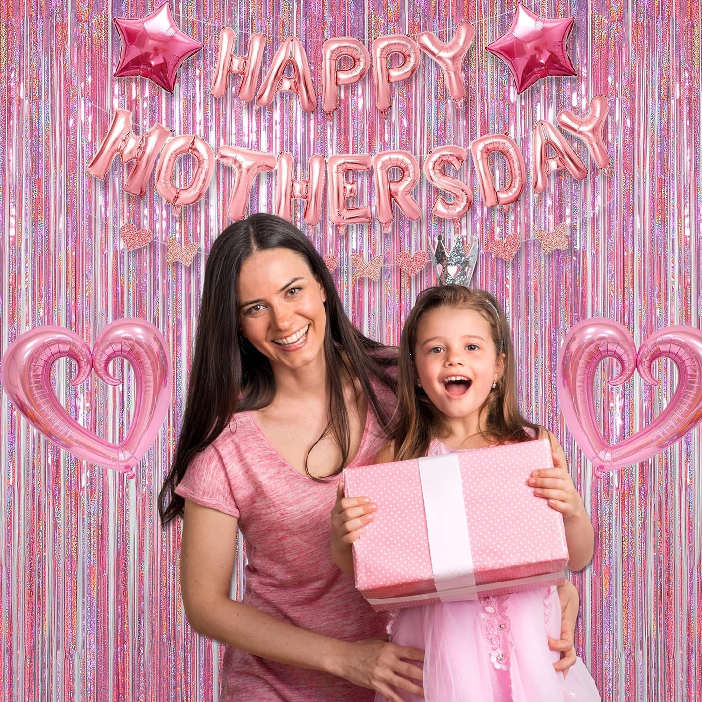 Melsan Pink Tinsel Curtains Backdrop, 3.2 ft x 8.2 ft Sparkle Metallic Foil Curtains for Unicorn Mermaid Princess Party Photo Background Decoration, 2 Pack