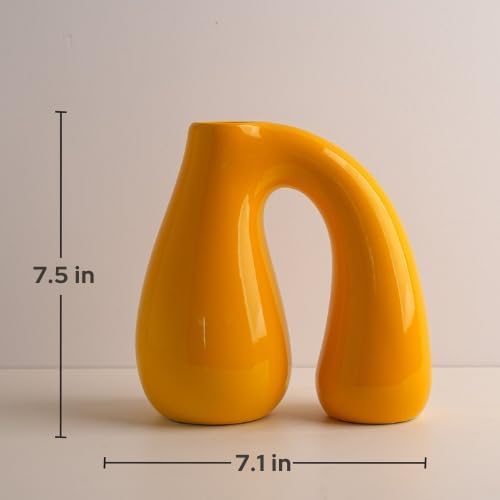 Yellow Ceramic Vase – Glossy Modern Sculptural Décor, Arch Handle Artistic Design, Bright Accent for Living Room, Shelf, or Table (7.5 in, Holds Water)