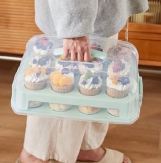 Cupcake Carrier, EXTRA TALL LID, Green Cupcake Holder Carries 24 Standard-Size Cupcakes, Muffin Traveler Two Tier Stand Reusable Cupcake Box