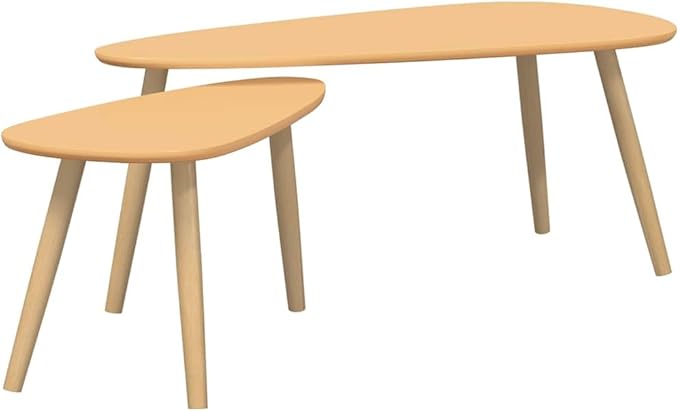 Brown Solid Pine Wood Coffee Table Set of 2, MDF Two-Piece Scandinavian Design - Image 2