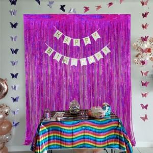 Valentine Backdrop Foil Fringe Curtains Party Decorations - Melsan 3 Pack 3.2 x 8.2 ft Tinsel Curtain Party Photo Backdrop for Birthday Party Baby Shower or Graduation Decorations Rose Red