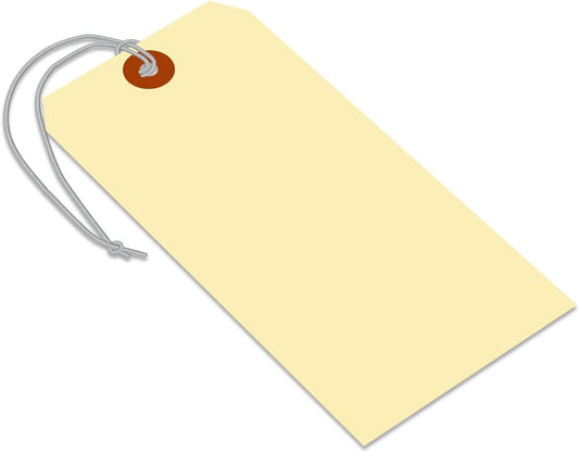 SmartSign Blank Manila Shipping Tags with Elastic Strings - Pack of 100, Size-8, 13pt Thick Pre-Strung Cardstock Tag, 6.25 x 3.125 inch, Paper Hang Tags with Reinforced Fiber Patch