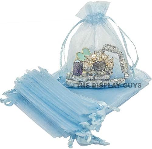 TheDisplayGuys 100-Pack 6x8 Blue Sheer Organza Gift Bags with Drawstring, Jewelry Candy Treat Wedding Party Favors Mesh Pouch