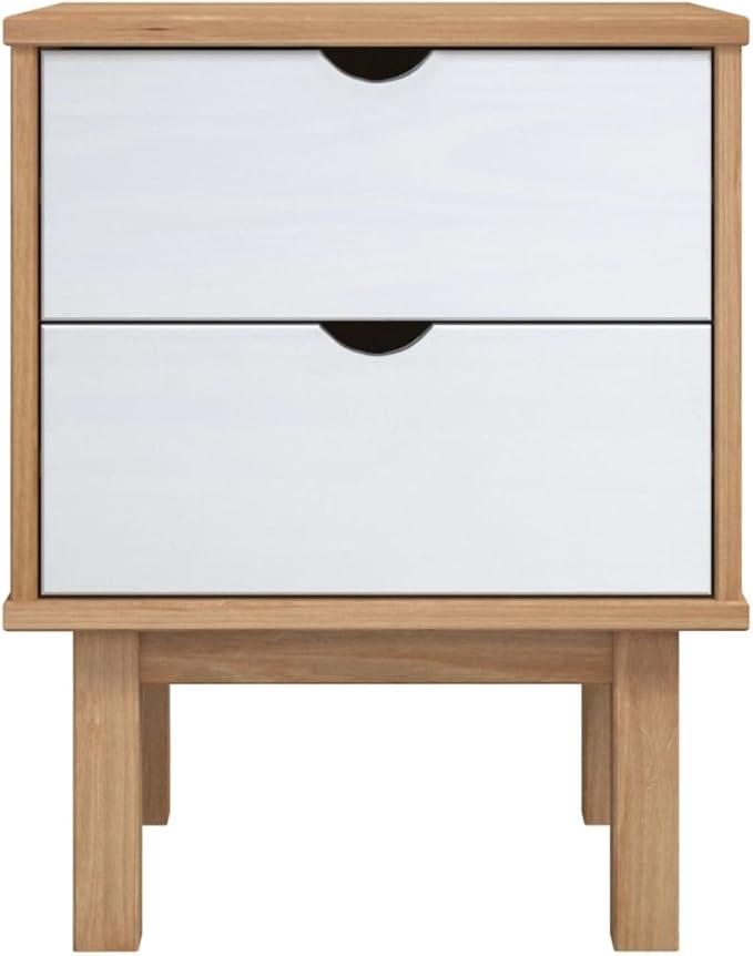 Scandinavian Nightstand Brown White Solid Pine Wood Side Table 15.4x17.7x22.4 - Image 4