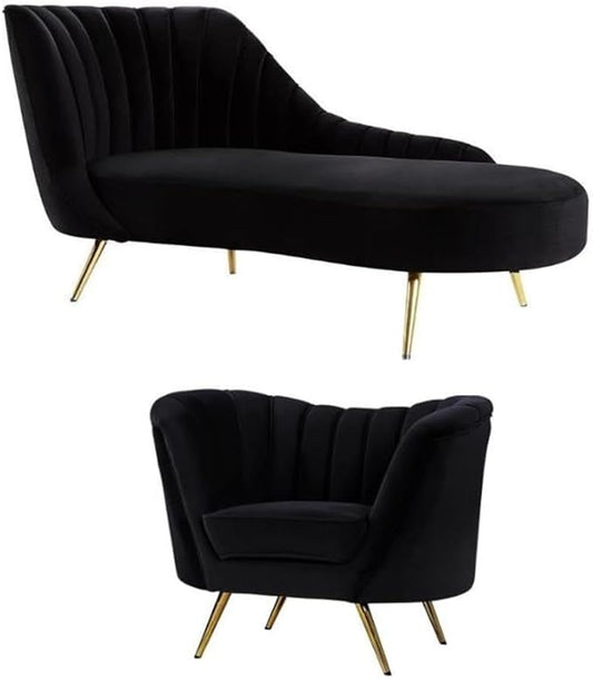 Home Square 2-Piece Set with Velvet Accent Chair and Chaise in Black and Gold by HomeSquare