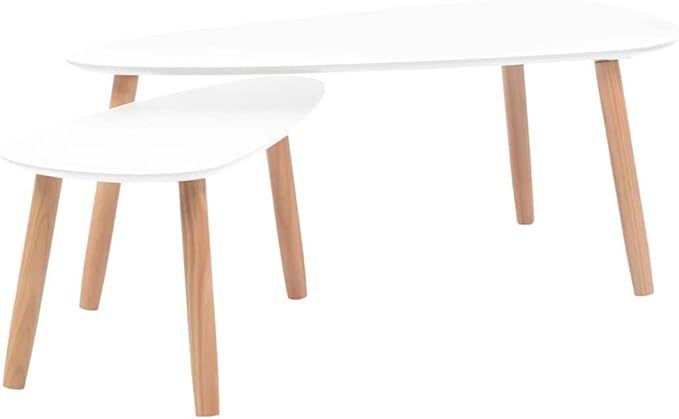 White Solid Pinewood and MDF Coffee Table Set of 2, Scandinavian Style Modern - Image 2