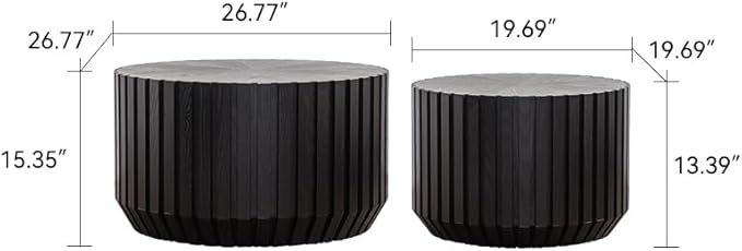 46.46'' Black Round Nesting Coffee Table Set of 2, Modern Circle Fluted Drum - Image 2