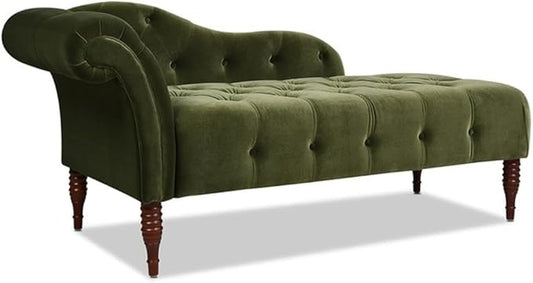 Pemberly Row Tufted Roll Arm Chaise Lounge, Olive Green Velvet Upholstery by PEMBERLYROW