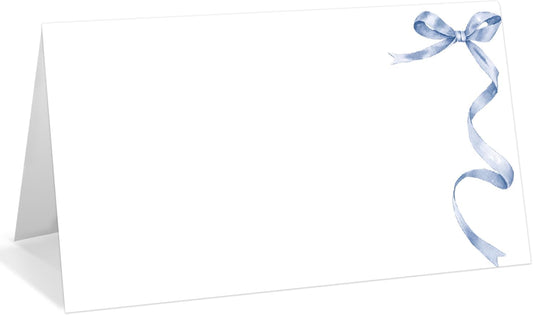 25 Pack Blue Bow Place Cards, Editable Name Cards for Table Setting, Tent Cards Food Label for Dinner Party, Bridal Shower, Wedding, Baby Shower and Events -T27