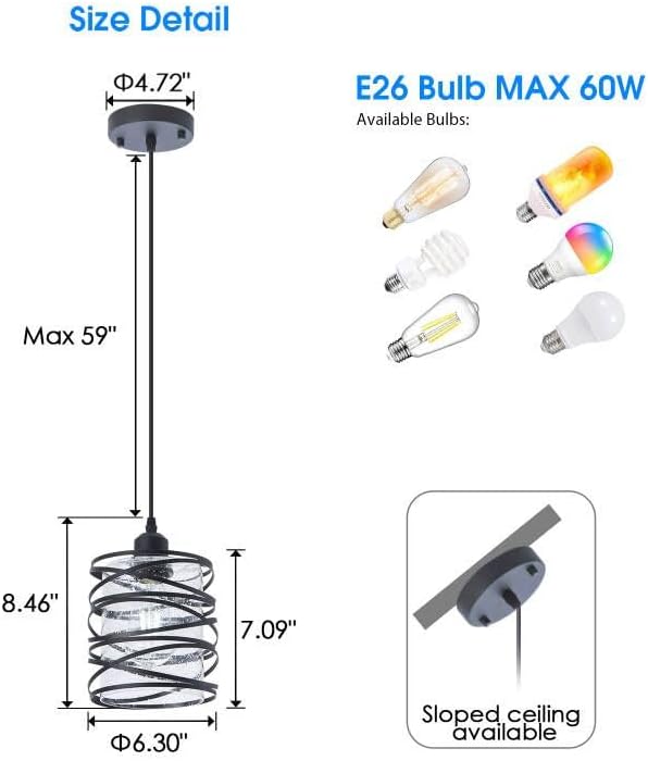 Modern Mini Pendant Light Fixture 3-Pack Kitchen Island Pendant Lighting 6.3''Matte Black Spiral Cage Handblown Clear Seeded Glass Shade Adjustable Cord for Dining Room