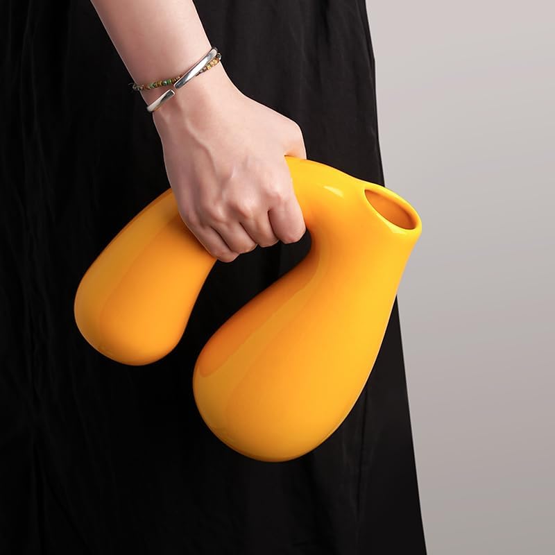 Yellow Ceramic Vase – Glossy Modern Sculptural Décor, Arch Handle Artistic Design, Bright Accent for Living Room, Shelf, or Table (7.5 in, Holds Water)