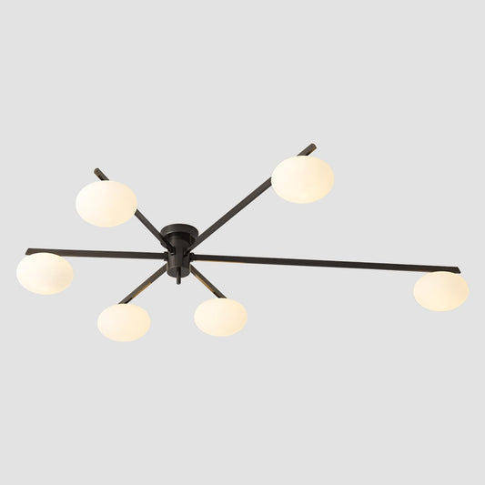 6-Light Mid Century Semi Flush Mount Black Matte Sputnik Chandelier Fixtures with Milk Glass Shade for Foyer MCL01-6 BK