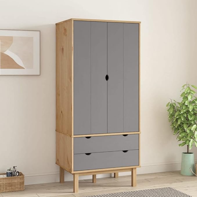 Compact Brown Wardrobe with 2 Drawers and Large Compartment, Solid Pine Wood by Unknown