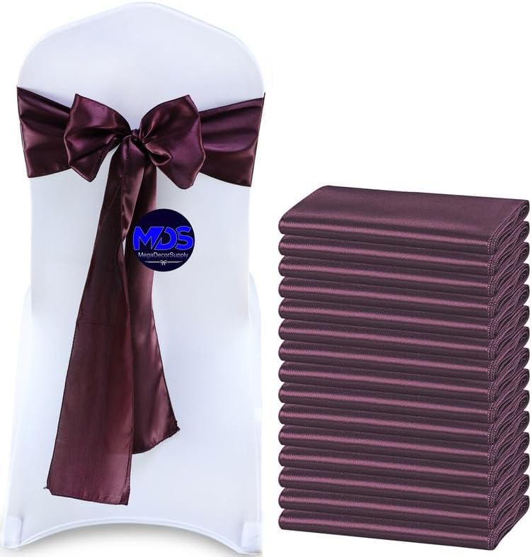 MDS Pack of 10 PCS Satin Chair Sashes Charmeuse Sateen Dining Chair Bows Ribbon Ties Back Sash for Wedding Party Birthday Home Hotel Restaurant Banquet Decoration (7 x 108 Inch, Plum)