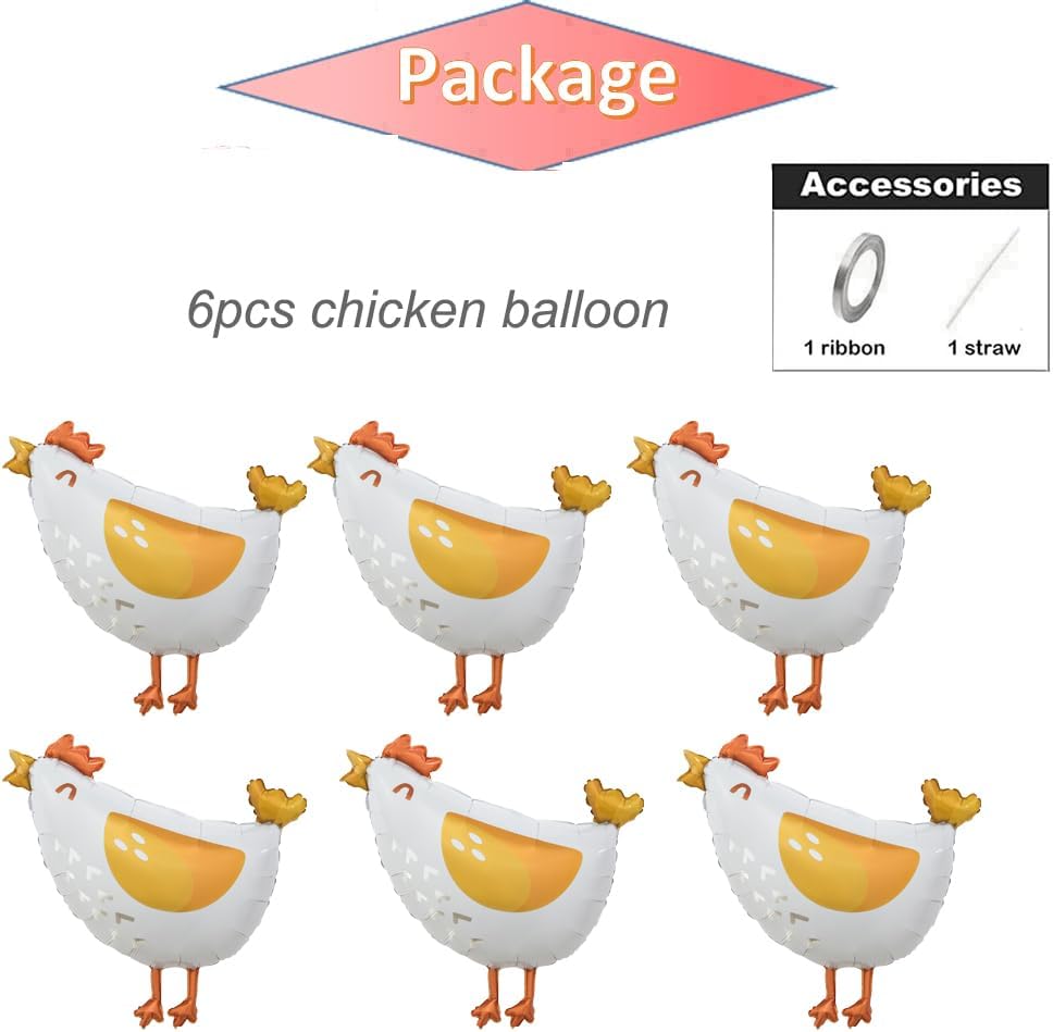 6pcs Chicken foil balloons,Aluminum chick mylar balloons, farm hen foil balloon for kids birthday baby shower farm animal party decortation.