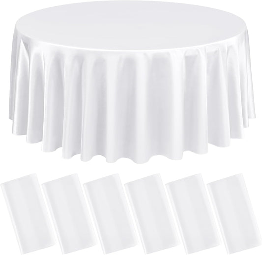 6 Packs Satin Tablecloth 120 Inch White Round Table Cloth Silk Tablecloth Smooth Fabric Overlay Satin Table Cover Decoration for Wedding Party Banquet Events