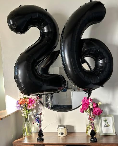 40 Inch Black Mylar Foil Number 26 Birthday Balloon, 26 Boy Girl Party Decorations Supplies, Big Helium Balloons Numbers for 26 62 Men Women Anniversary