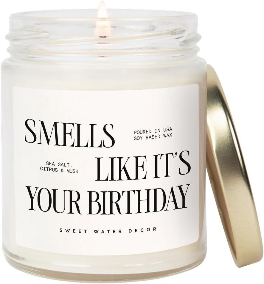 Sweet Water Decor Smells Like It’s Your Birthday Candle 9oz, Soy Non-Toxic Birthday Candle with Gold Lid, Sea Salt Citrus Musk Amber Scent, Fun Birthday Gift for Women, Friends, Mom, Sister, Coworkers