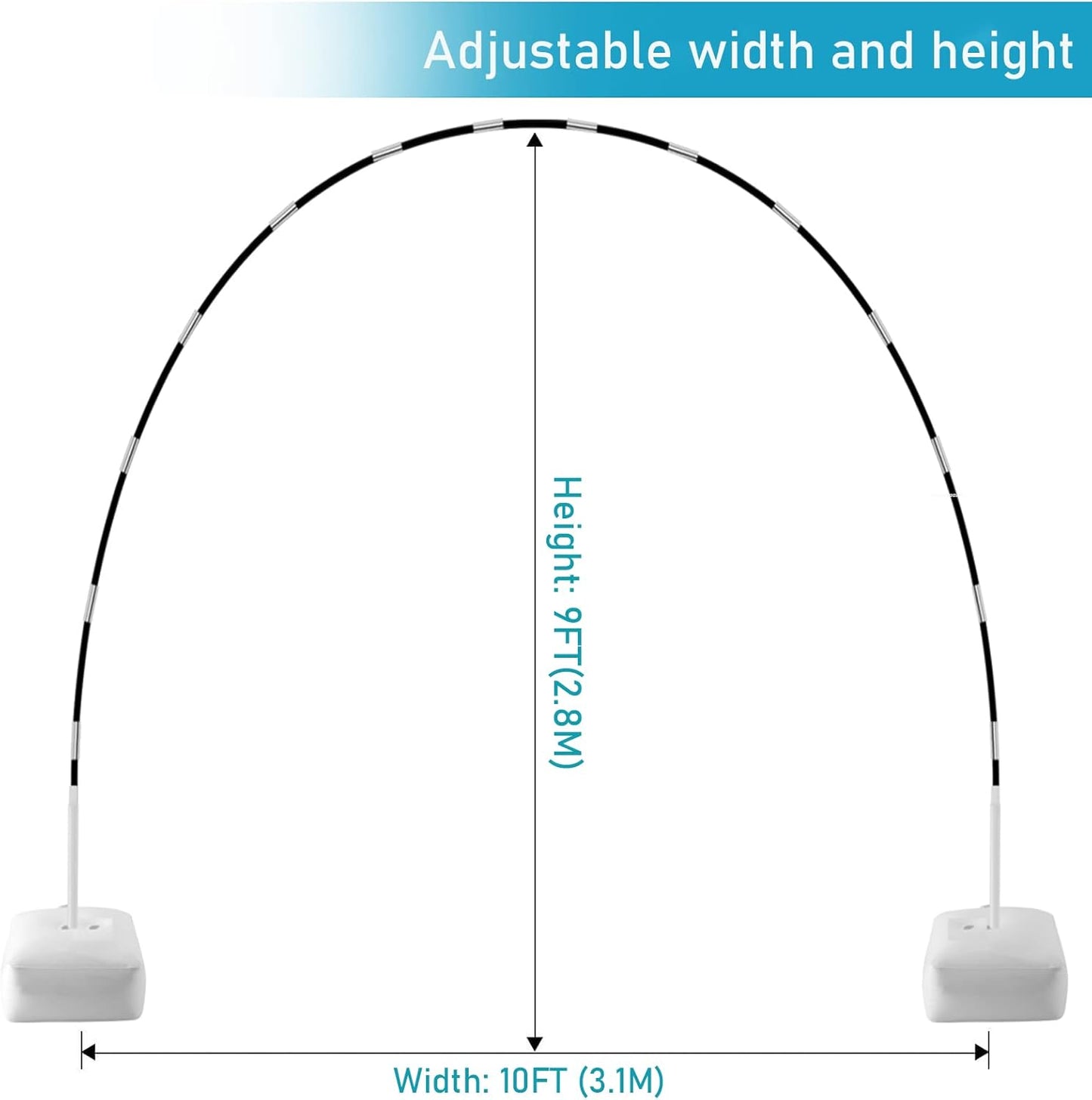 Improved Balloon Arch Kit, 10ft Wide & 9ft Tall Adjustable Balloon Arch Stand with Thicken Water Fillable Base, 50pcs Balloon Clip, Balloon Pump, Ground Nails for Wedding, Graduation, Birthday Party