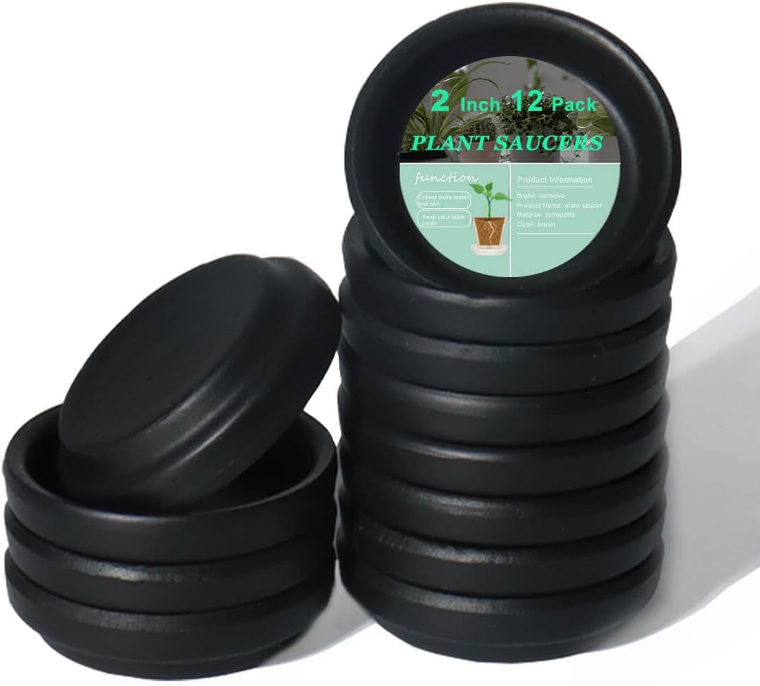 vensovo 2 Inch Black Terracotta Plant Saucer Pots Tray - 12 pcs Mini Planter Saucers for Indoor & Outdoor Plants, Small Clay Trays Perfect for 1 Inch 1.5Inch Flower Pot