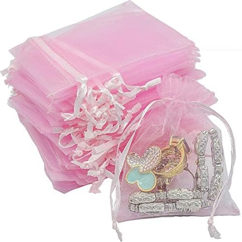 TheDisplayGuys 48-Pack 6x8 Pink Sheer Organza Gift Bags with Drawstring, Jewelry Candy Treat Wedding Party Favors Mesh Pouch