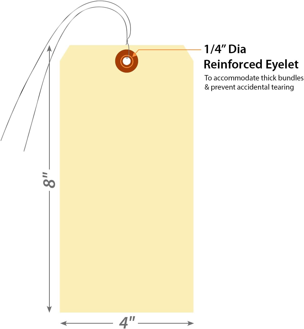 SmartSign Blank Manila Shipping Tags with Wire, Size-12, Pack of 50, 15pt Thick Prewired Cardstock Tag, 8 x 4 inch Paper Hang Tags with Reinforced Fiber Patch