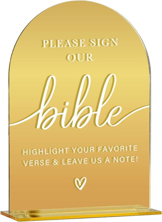 Acrylic Wedding Sign, Bridal Shower Decorations, Please Sign Our Bible Sign for Ceremony, Modern Font Table Signs, Gold Mirror Arched Acrylic Tabletop Signs for Wedding Reception and Event Party