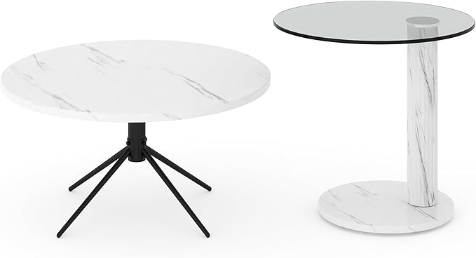 Hooseng Set of 2 Round Coffee Tables, Faux Marble Top and Modern Tempered - Image 3