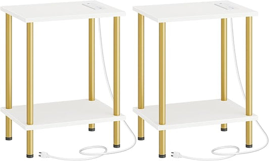 HOOBRO Side Table with Charging Station, Nightstand with 2-Layer Storage Shelves by HOOBRO