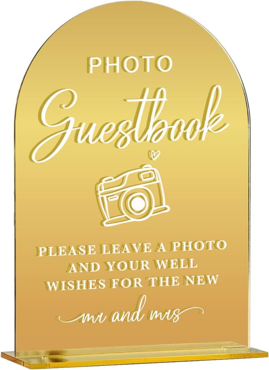 Acrylic Wedding Sign, Bridal Shower Decorations, Photo Guestbook Sign for Ceremony, Modern Font Table Signs, Gold Mirror Arched Acrylic Tabletop Signs for Wedding Reception and Event Party