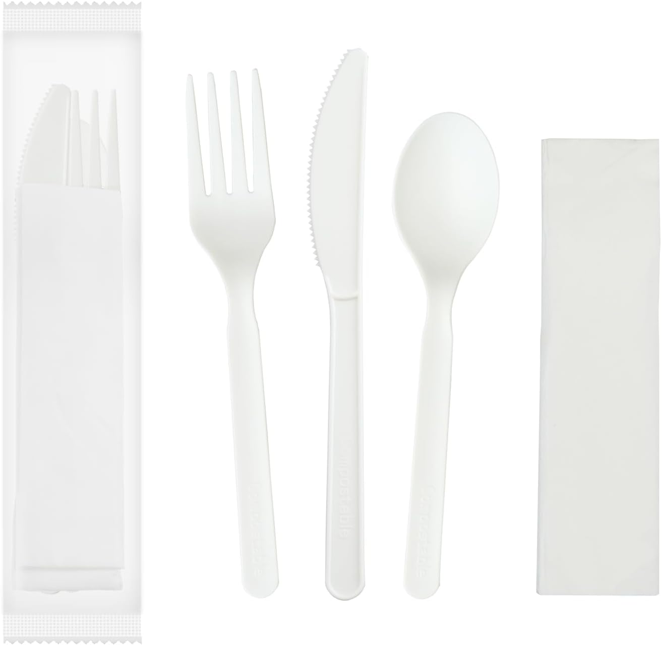 GreenWorks 6" Compostable CPLA Cutlery Kits, BPI Certified 200 Sets (Fork, Spoon,Knife,Napkin 4 in 1) Individually Wrapped With Compostable Bags，Alternative to Plastic Disposable Utensils