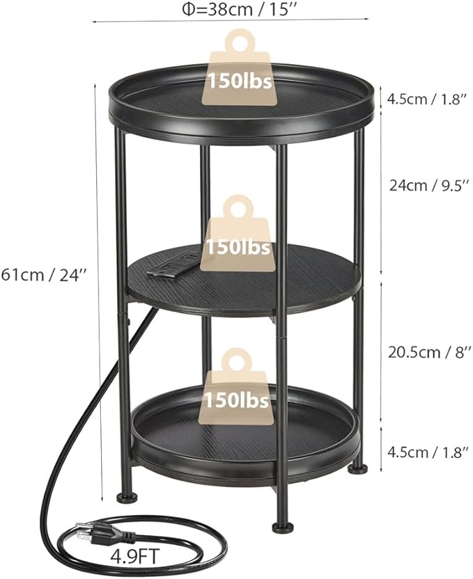 Dulcii Round Side Table with Charging Station, Bedroom Nightstand with Steel - Image 3