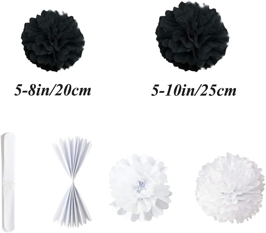 10pcs 8in 10in Paper Pom Poms - Black Tissue Flower Balls for Wedding Party Decorations - DIY Art Craft Blooms for Birthday Baby Shower Nursery Decor