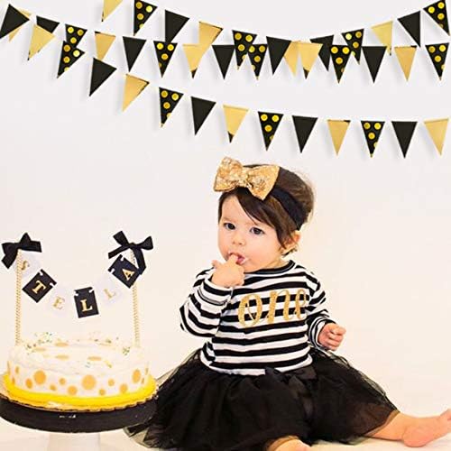30Ft Black Gold Party Decorations Polka Dot Pennant Banner Paper Circle Dot Triangle Flags Bunting Garland for Wedding Bridal Shower Birthday Bachelorette Engagement Anniversary Holiday Party Supplies