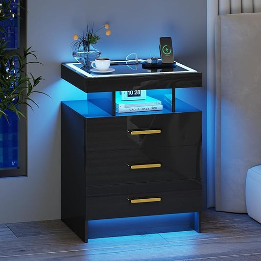 Black Night Stand with Wireless Charging Station, Smart Bedside Table with 3 by MDGC