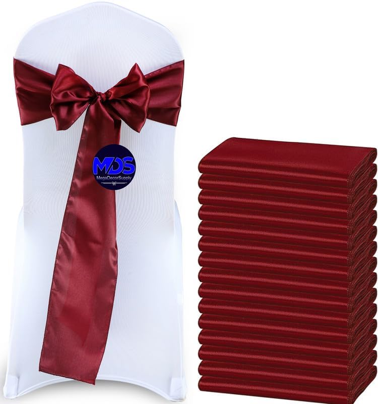 MDS Pack of 125 PCS Satin Chair Sashes Charmeuse Sateen Dining Chair Bows Ribbon Ties Back Sash for Wedding Party Birthday Home Hotel Restaurant Banquet Decoration (7 x 108 Inch, Maroon)