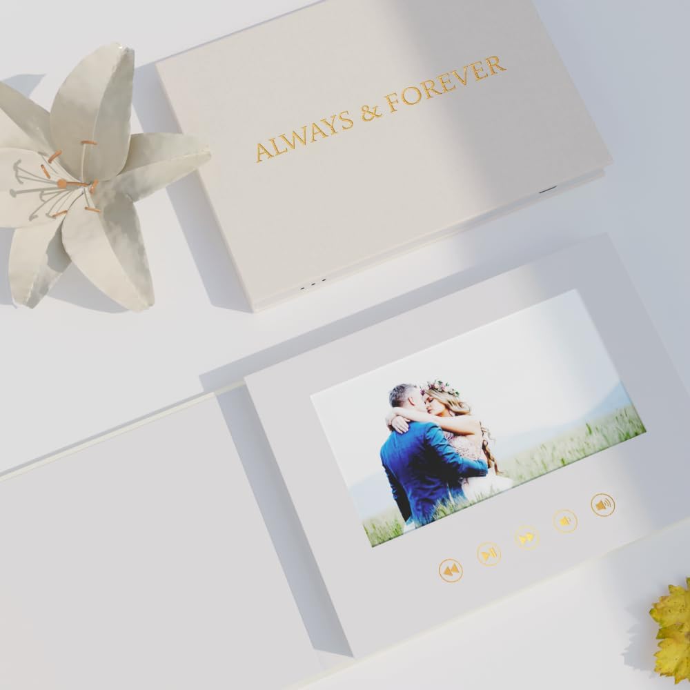ALWAYS & FOREVER - GOLD FOIL Luxury Linen Bound wedding Video Book wedding Video Album Up to 3 hours of video, 7” IPS Display, 4GB of memory & Rechargeable Battery (ALWAYS & FOREVER)