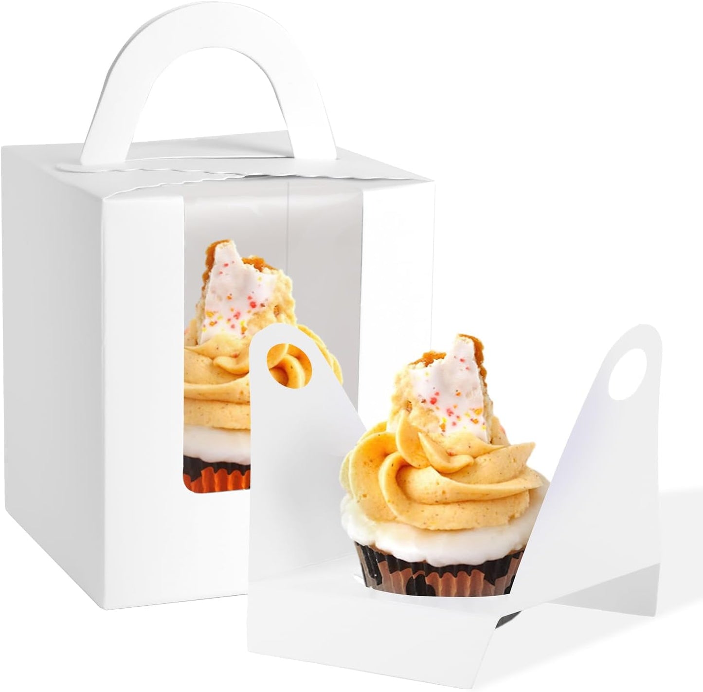 JCD 120Packs Cupcake Boxes with Window and Handle and Insert,Individual Disposable White Single Cupcakes Box Individuals Cupcake Holders White Single Cupcakes Boxes Containers (White/120Pcs)
