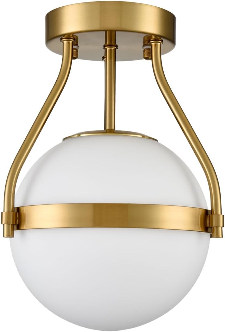 HOLKIRT Modern Semi Flush Mount Light, Mid Century Style 7Inch/18CM Brass Globe Ceiling Light with Opal Glass for Kitchen, Hallway, Bedroom