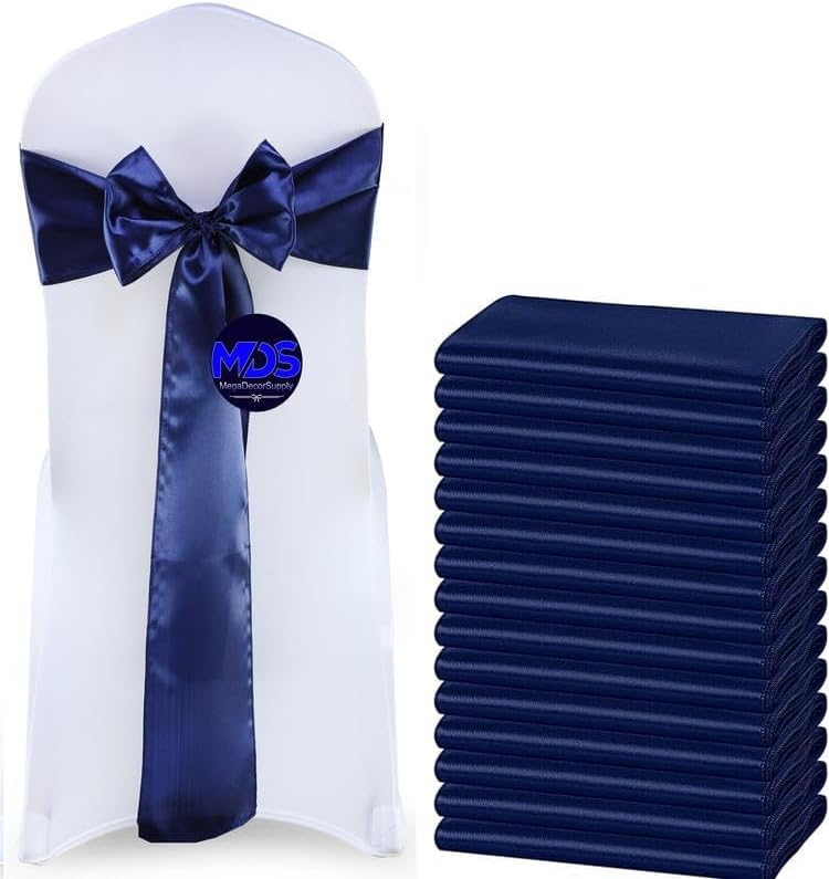 MDS Pack of 25 PCS Satin Chair Sashes Charmeuse Sateen Dining Chair Bows Ribbon Ties Back Sash for Wedding Party Birthday Home Hotel Restaurant Banquet Decoration (7 x 108 Inch, Navy Blue)