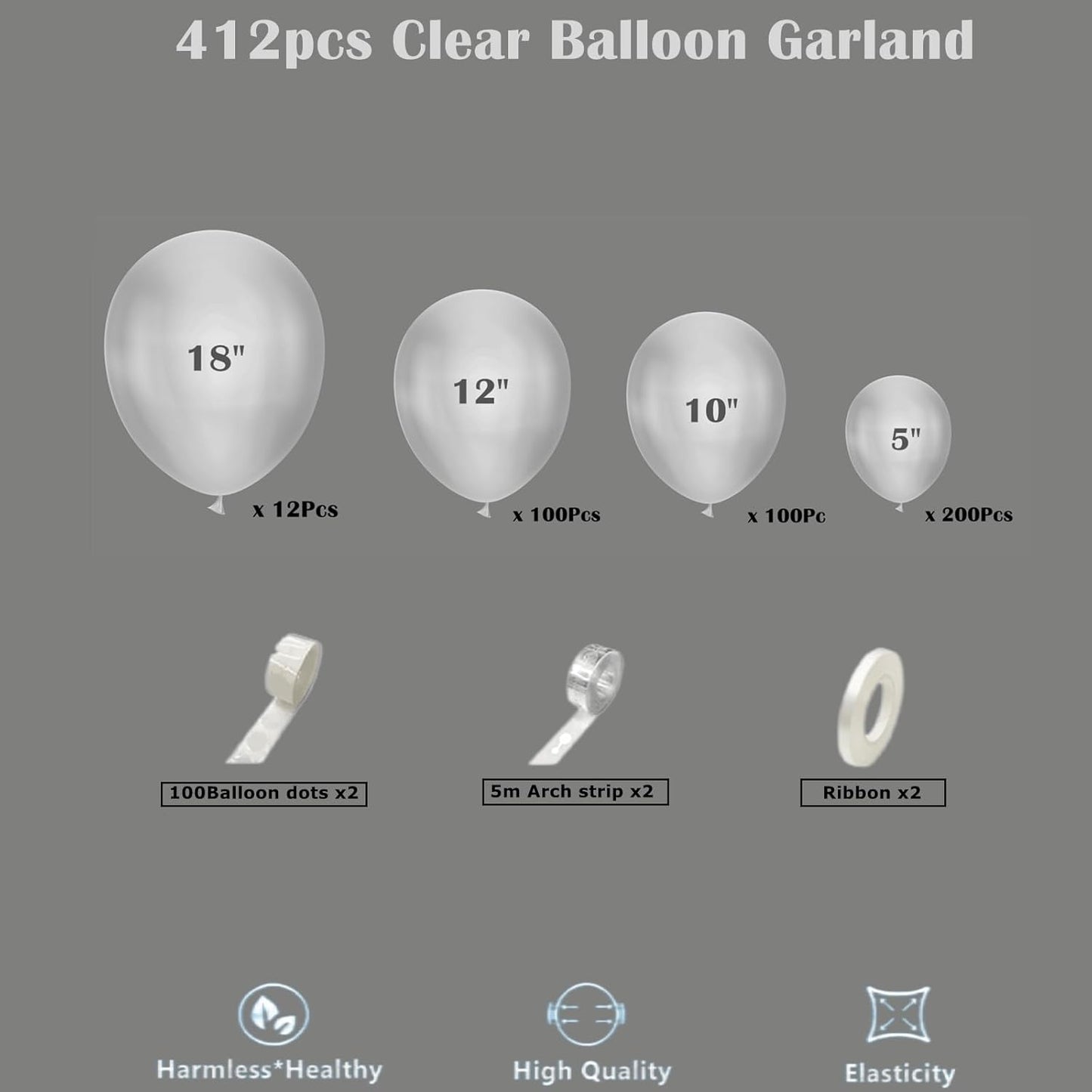 412pcs Clear Balloon Garland Arch Kit 18 12 10 5 Inch Different Sizes Matte Latex Crystal Transparent Balloons for Baby Shower Birthday Wedding Graduation Anniversary Party Decoration