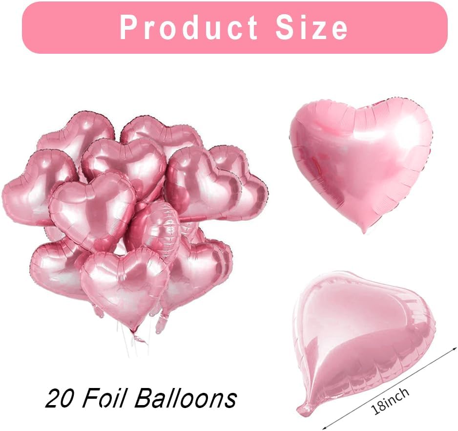 20 pcs 18inch Pink Heart Balloons, Heart shaped Balloon Foil Love Balloon for Birthday Valentines Wedding Decoration Party Balloon
