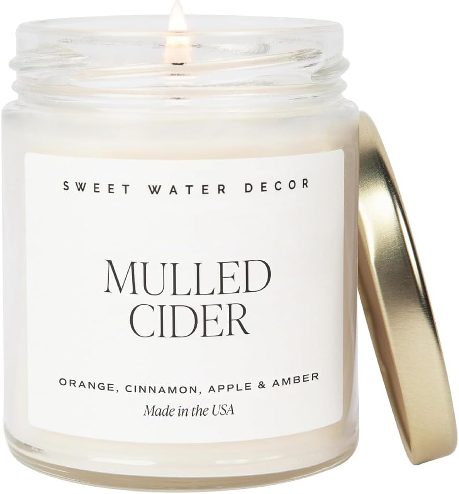 Sweet Water Decor Mulled Cider Candle - Fall Scented with Cinnamon, Icing and Cinnamon Buttery Pastry for Home - Fall Soy Candles with 40 Hours Burn Time - 9Oz Gold Lid Clear Jar Mulled Cider Scents
