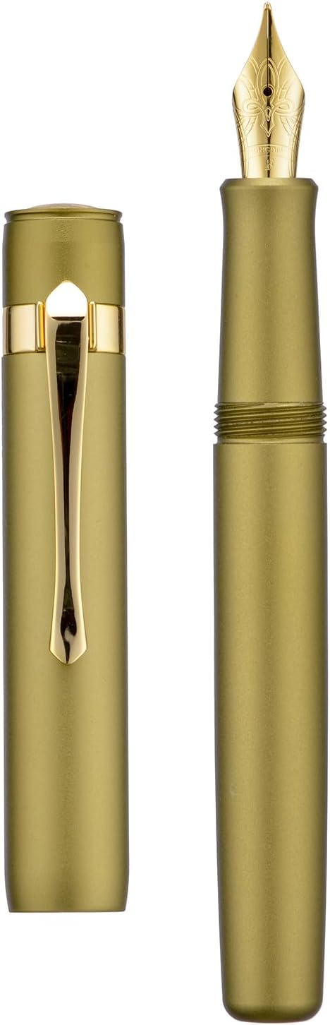 HONG DIAN M2 Black Forest Mini Fountain Pen, Fine Soft Nib & Sleek Shape Aluminium Short Pocket Travel Pen (Olive Green)