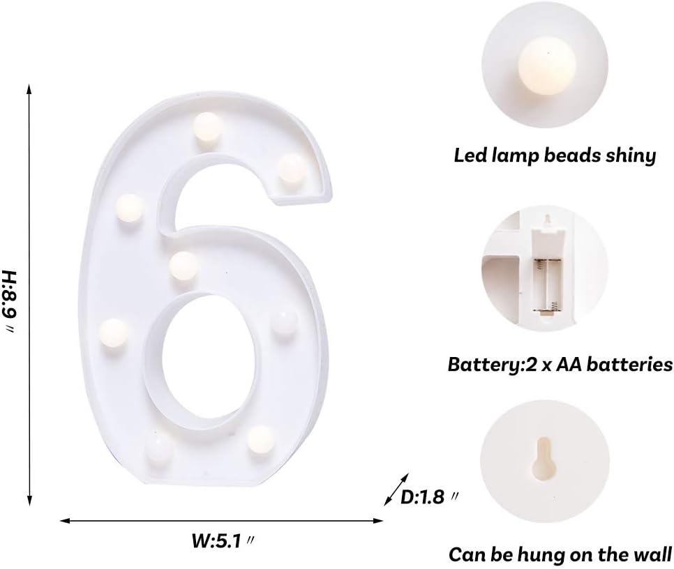 Foaky Decorative Led Marquee Light Up Number, Marquee Light Up Number Sign for Night Light Wedding Birthday Party Christmas Home Bar Decoration Number(6)