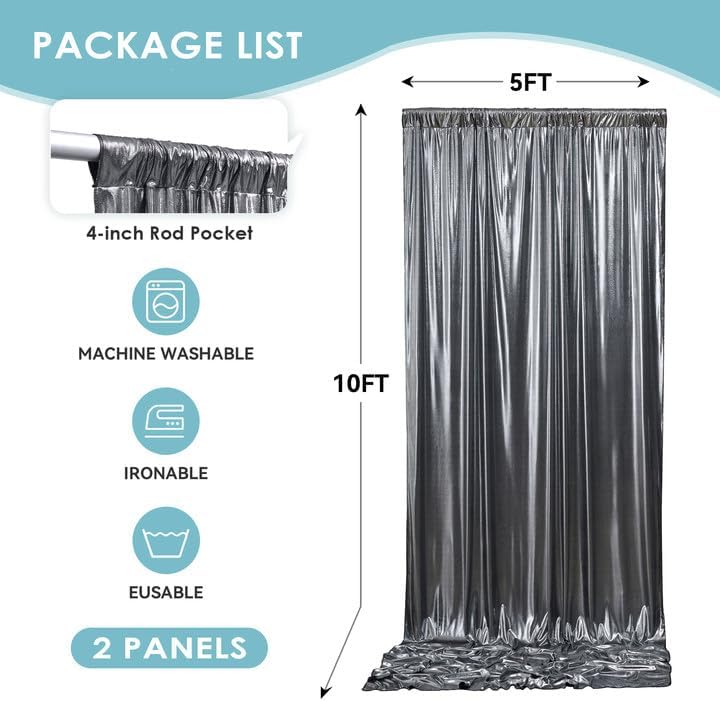 gogoparti 10x10FT Charcoal Silver Sequin Backdrop Curtain - 2 Panels of 5x10FT Wrinkle-Free Glitter Drapes for Photography, Birthdays, Weddings & Graduations